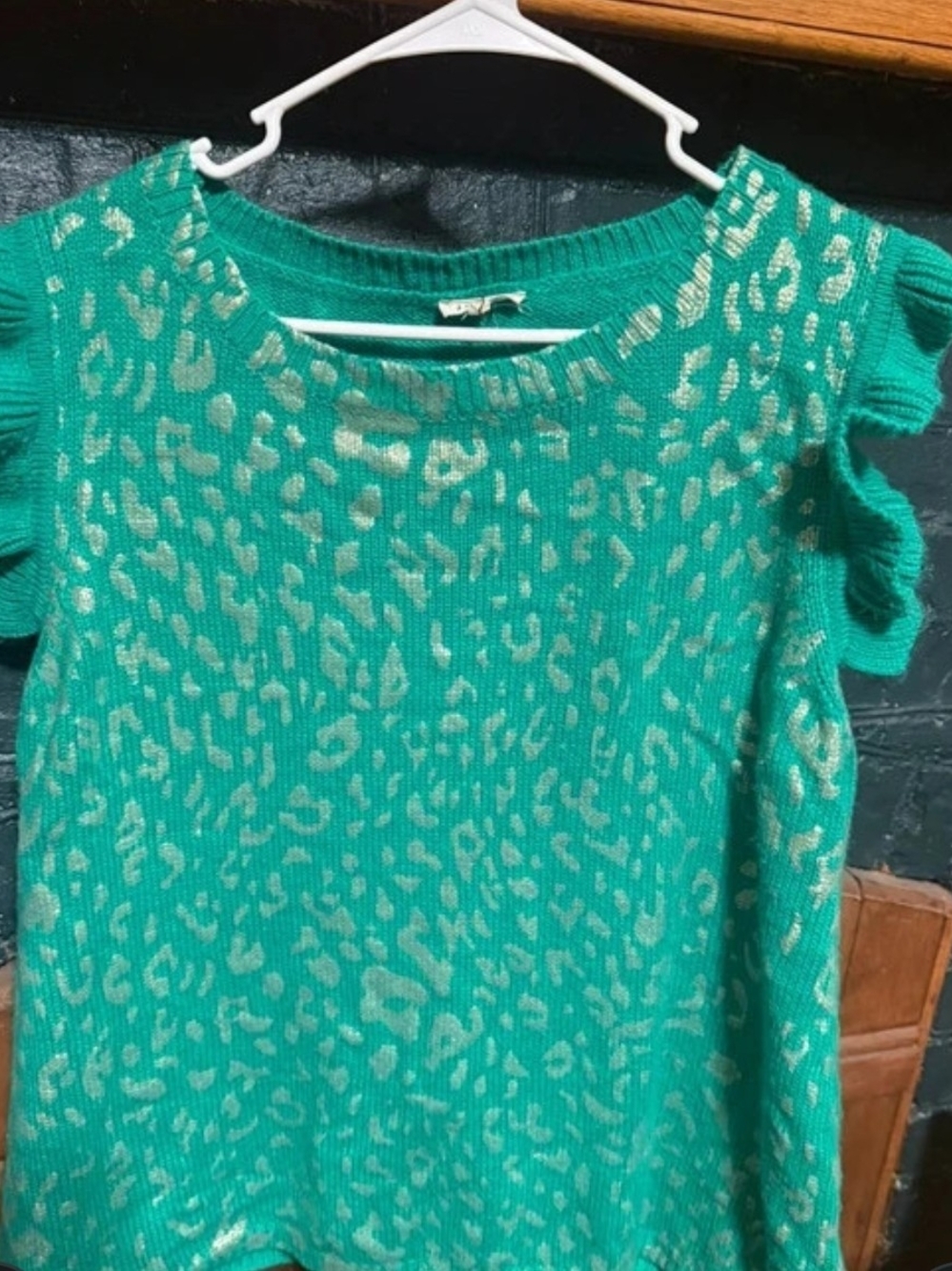 JODIFL Teal Knit Top with Metallic Leopard Print and Ruffle Sleeves